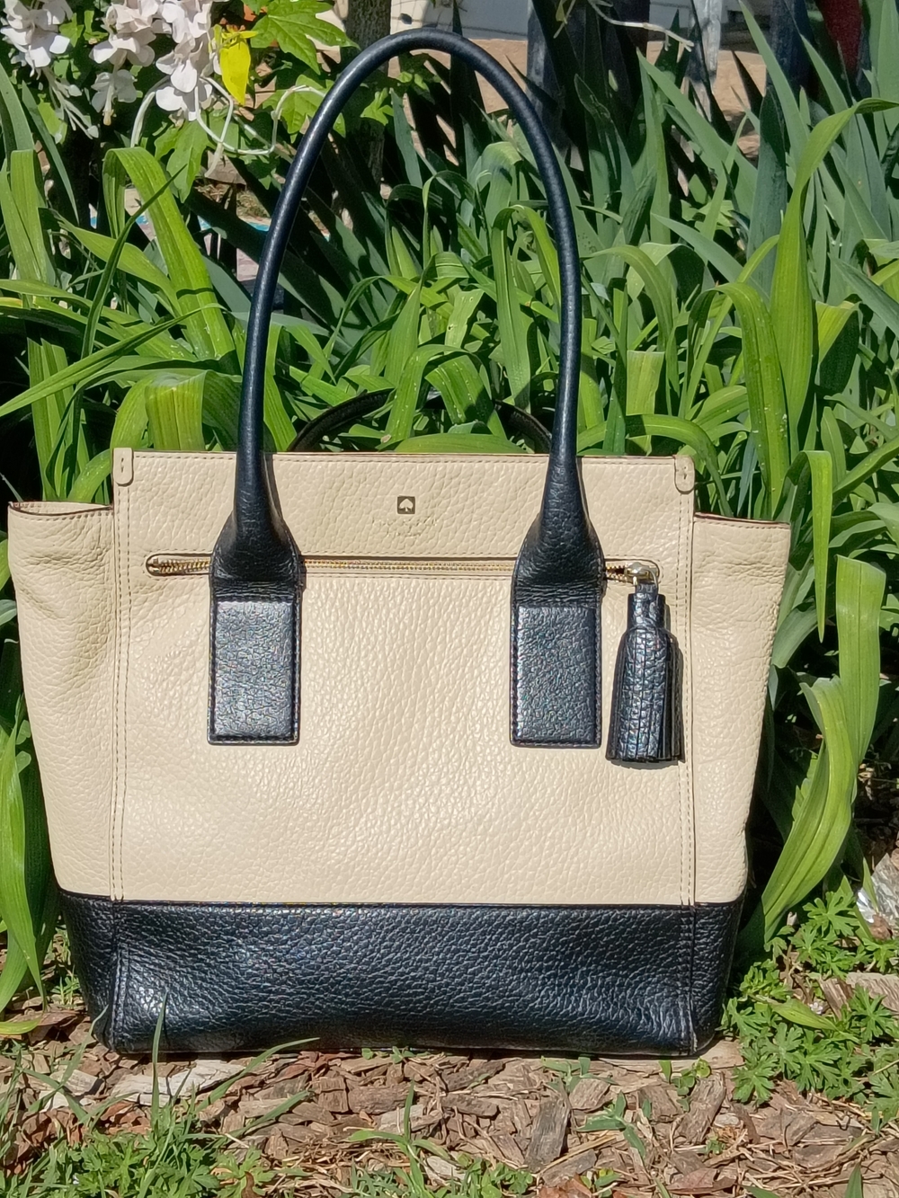 kate spade New York Tote Buttermilk and Black Leather Two-Tone  Pebbled Leather